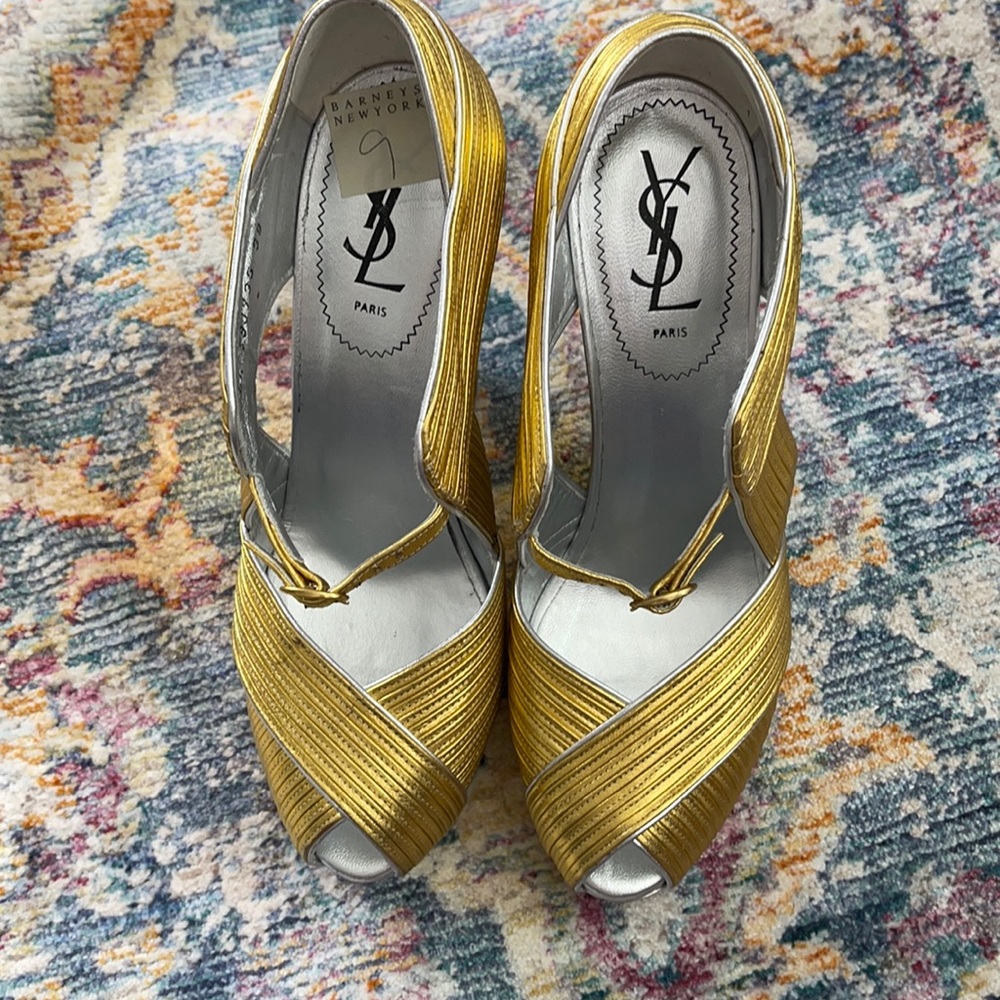 Ysl Saint Laurent Gold Wedge Luxury Heels Runway Gem